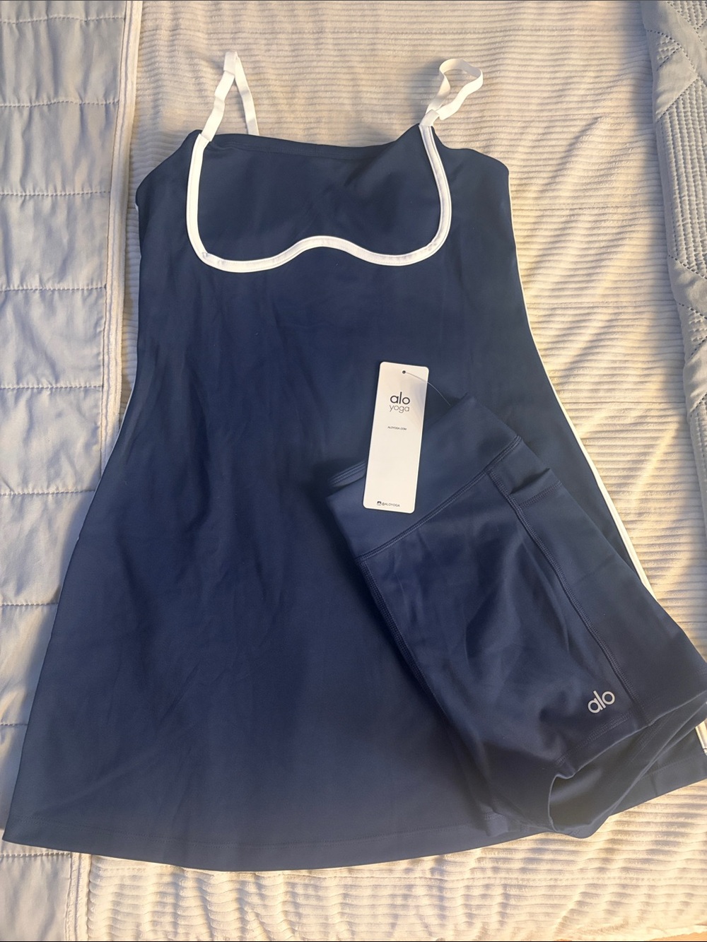 ALO Yoga Navy Slip Dress with White Trim and Matching Navy Shorts